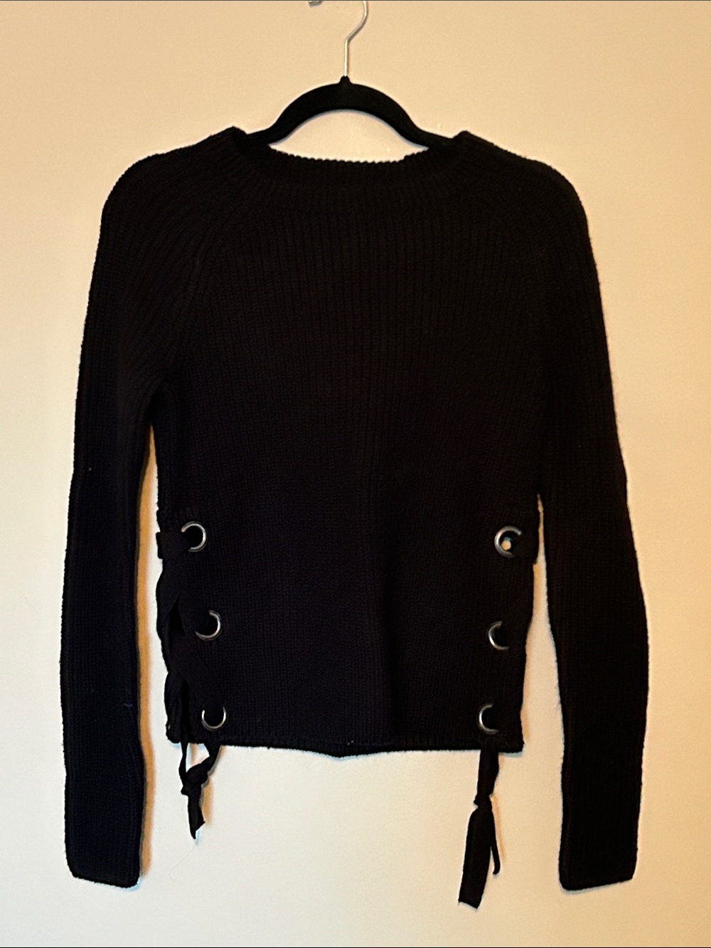 Bar III Black Crewneck Sweater with Lace-Up Side Ties